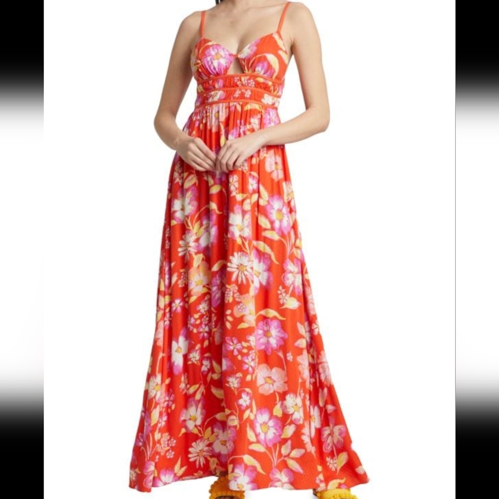 Free People Women's Wisteria Maxi Dress, Pop Combo, Orange, Floral, Medium BNWT